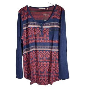 Soft‎ Surroundings Aztec Print IKAT Sumatra Top XL  Roll Tab Sleeve, Blue Red